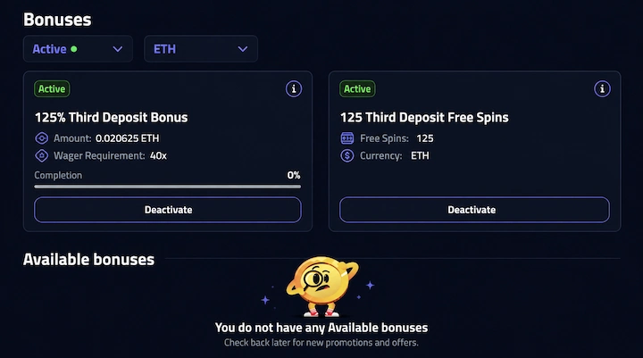 mBit Casino third deposit bonus credited with 125 free spins mBit Casino bonuses page on an account registered with promo code VIPBIT, showing an active 125% Third Deposit Bonus of 0.020625 ETH at 40x wagering with completion at 0 percent