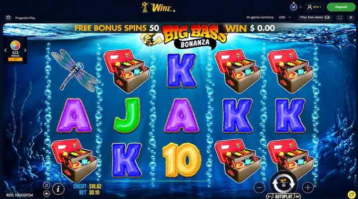 50 Winz free spins running on Big Bass Bonanza Big Bass Bonanza slot at Winz showing FREE BONUS SPINS 50 in the header with a bet of 0.10 dollars and a credit of 18.62 dollars