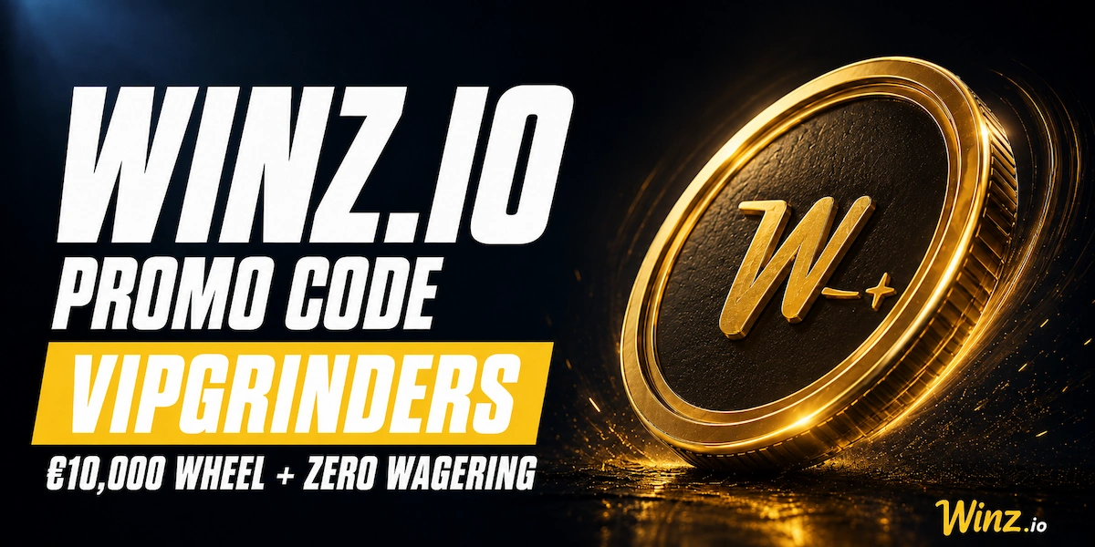 Winz.io Promo Code VIPGRINDERS Winz.io promo code VIPGRINDERS banner showing the Wheel of Winz welcome offer beside the Winz casino site