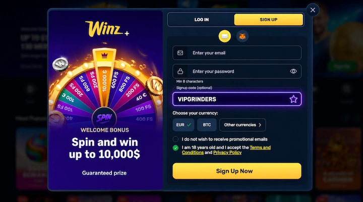 Winz.io registration with promo code VIPGRINDERS Winz.io signup form with VIPGRINDERS entered in the highlighted Signup code optional box, above the currency row with EUR selected alongside BTC and other currencies