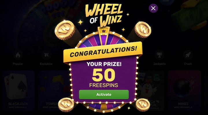 Wheel of Winz result 50 free spins Wheel of Winz congratulations screen showing a prize of 50 freespins with an Activate button, following a 0.0105 ETH deposit