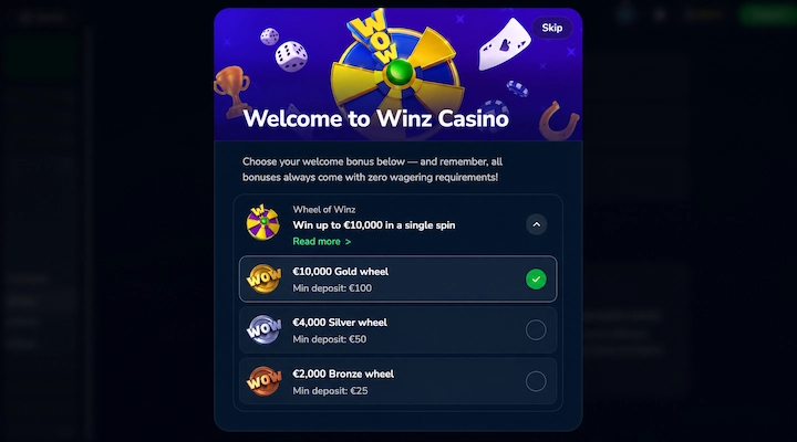 Wheel of Winz Gold Silver Bronze tiers with deposit minimums Winz welcome bonus screen showing the Wheel of Winz expanded into the 10,000 euro Gold wheel at a 100 euro minimum with a green check, the 4,000 euro Silver wheel at 50 euros, and the 2,000 euro Bronze wheel at 25 euros
