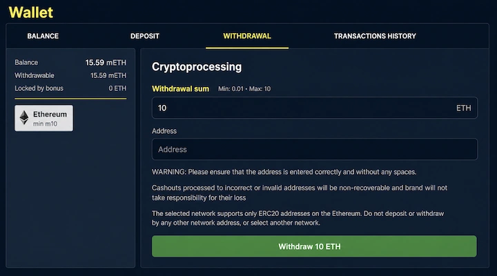 Winz.io withdrawal screen with limits Winz.io withdrawal screen with limits