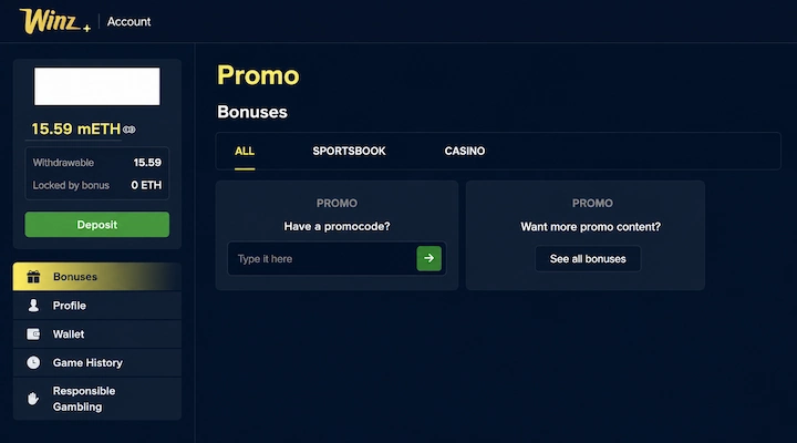 Winz.io account showing 0 ETH locked by bonus Winz.io account panel showing a balance of 15.59 mETH, withdrawable 15.59 mETH and locked by bonus 0 ETH after playing the welcome free spins