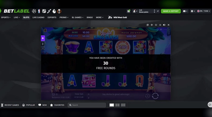 BetLabel 30 free rounds credited on Aloha King Elvis Aloha King Elvis slot at BetLabel showing You have been credited with 30 free rounds, with Balance 0.00 EUR in the footer