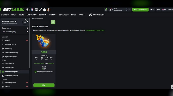 BetLabel 30 free spins gift card with countdown BetLabel Gifts tab showing a 30FS card on Aloha King Elvis from BGaming with a countdown of 6 days 23 hours, 0 of 30 used and wagering requirement x25, on a balance of 0.00 EUR