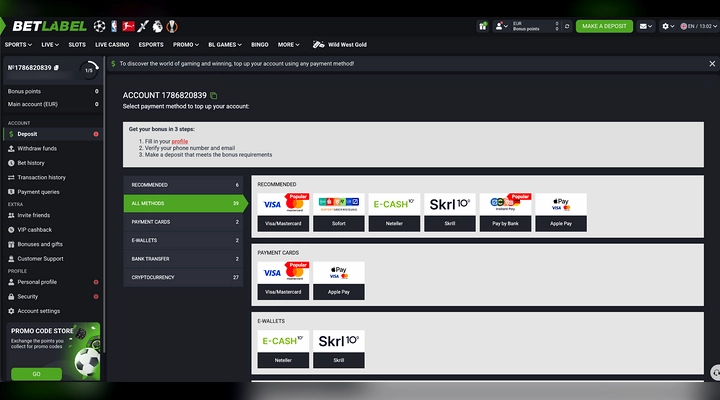 BetLabel cashier showing the three bonus conditions BetLabel deposit page showing Get your bonus in 3 steps, fill in your profile, verify your phone number and email, and make a deposit that meets the bonus requirements, on a zero balance