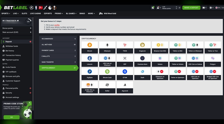 BetLabel cryptocurrency deposit options BetLabel cashier cryptocurrency tab showing 27 coin tiles including Bitcoin, Ethereum, Tether on five networks, Solana, XRP and Algorand