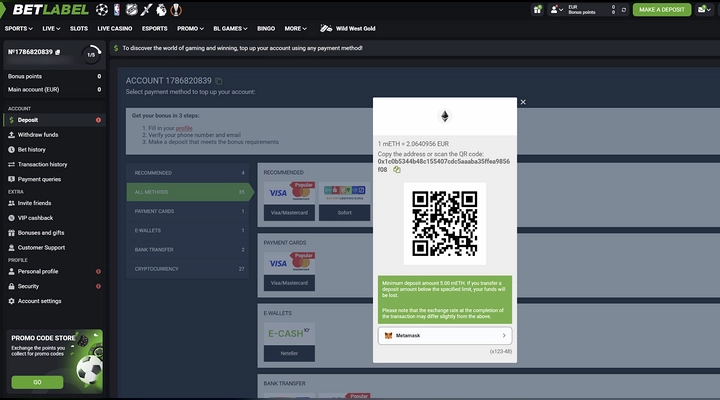 BetLabel Ethereum deposit minimum in mETH BetLabel Ethereum deposit screen showing 1 mETH equals 2.0640956 EUR, a deposit address and QR code, and a warning that a minimum of 5.00 mETH applies or funds will be lost