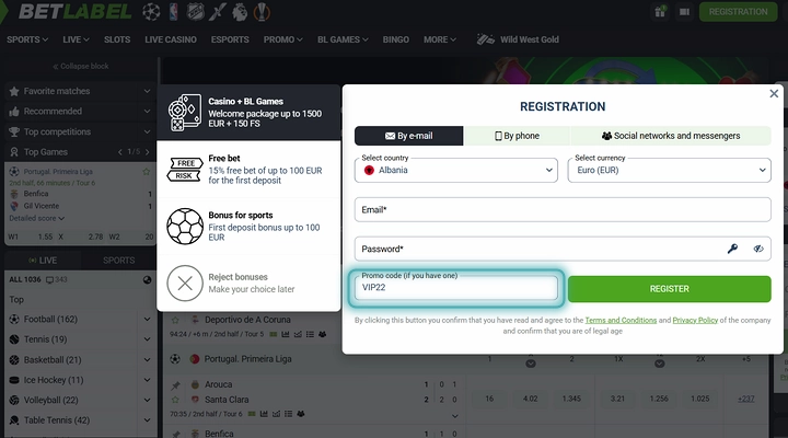 BetLabel registration form with promo code VIP22 BetLabel registration window with Albania and Euro selected and VIP22 entered in the promo code field, beside the four welcome bonus options quoted in euros