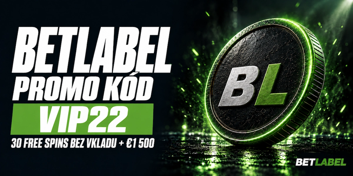 BetLabel Promo Kód VIP22 Banner BetLabel promo kód VIP22 s 30 free spins bez vkladu a bonusem 1 500 EUR vedle zelené mince BetLabel