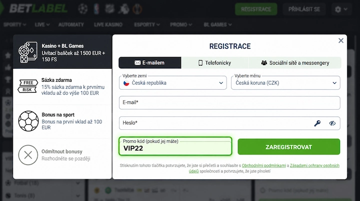 Registrační formulář BetLabel s promo kódem VIP22 Registrační okno BetLabel s vybranou Českou republikou a českou korunou a s kódem VIP22 v poli pro promo kód, vedle čtyř možností uvítacího bonusu uvedených v eurech