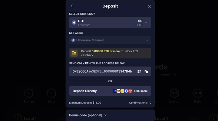 Cashy Casino deposit screen showing the Ethereum minimum Cashy deposit window with Ethereum selected, a minimum deposit of 15 dollars, 10 confirmations required, and a note reading deposit 0.03958 ETH or more to unlock 25 percent cashback