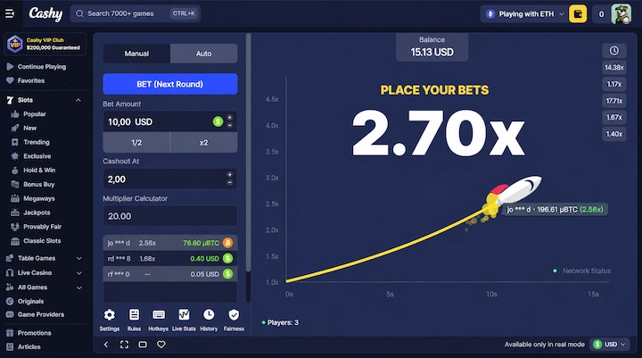 Cashy Originals Crash game with the Fairness tab Cashy Crash game in play at a 2.70x multiplier, with a toolbar underneath showing Settings, Rules, Hotkeys, Live Stats, History and Fairness