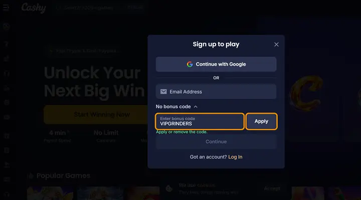 Cashy Casino promo code VIPGRINDERS entered on the signup form Cashy signup window with VIPGRINDERS typed into the Referral / Bonus code panel, a grey line reading Apply or remove the code, and no bonus offer shown anywhere on the screen