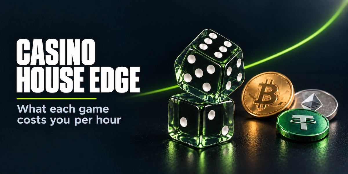 Casino House Edge Two translucent dice beside Bitcoin, Ethereum and USDT coins, illustrating the house edge at crypto casinos