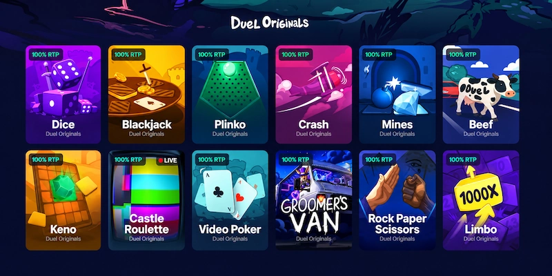 Duel Originals 100% RTP Duel Originals lobby with a 100% RTP label on each game, including Dice, Blackjack, Plinko, Crash, Mines, Keno and Limbo