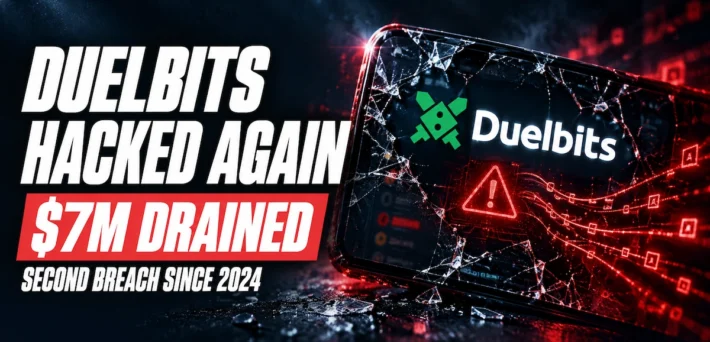 Duelbits logo on a cracked phone screen with red breach alerts, next to the headline Duelbits Hacked Again, $7M Drained