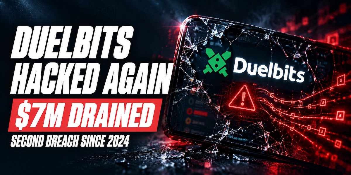 Duelbits logo on a cracked phone screen with red breach alerts, next to the headline Duelbits Hacked Again, $7M Drained