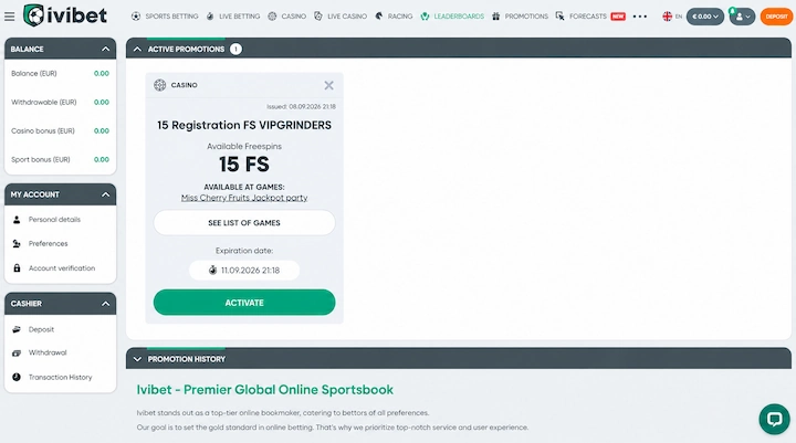 Ivibet 15 registration free spins before activation Ivibet Active Promotions card titled 15 Registration FS VIPGRINDERS showing 15 FS on Miss Cherry Fruits Jackpot party, an expiry of 11.09.2026 and a green Activate button, on a balance of 0.00 EUR