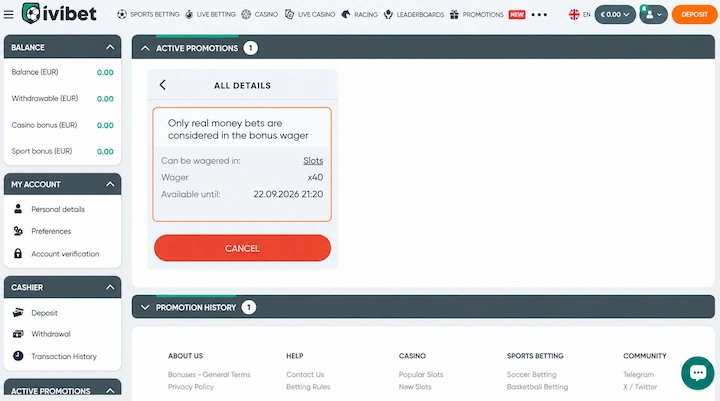Ivibet bonus details showing 40x wagering on slots only Ivibet All Details panel reading Only real money bets are considered in the bonus wager, with Can be wagered in Slots, Wager x40 and Available until 22.09.2026 highlighted