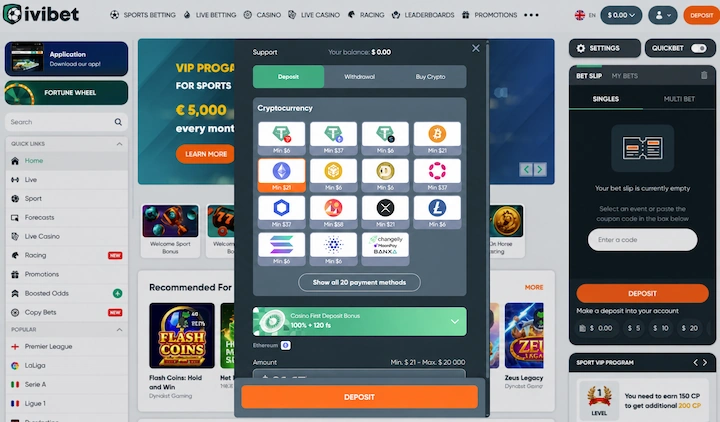 Ivibet cryptocurrency deposit options and minimums Ivibet cashier showing fourteen cryptocurrency tiles with individual minimum deposits from 6 to 58 dollars, Ethereum selected at 21 dollars, and a Show all 20 payment methods button