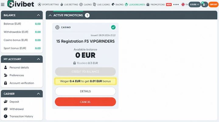 Ivibet free spin winnings blocked at 0.30 EUR Ivibet bonus card showing Available balance 0 EUR with Blocked 0.3 EUR beneath it, Credit To Balance greyed out, and a highlighted line reading Wager 0.4 EUR to get 0.01 EUR bonus
