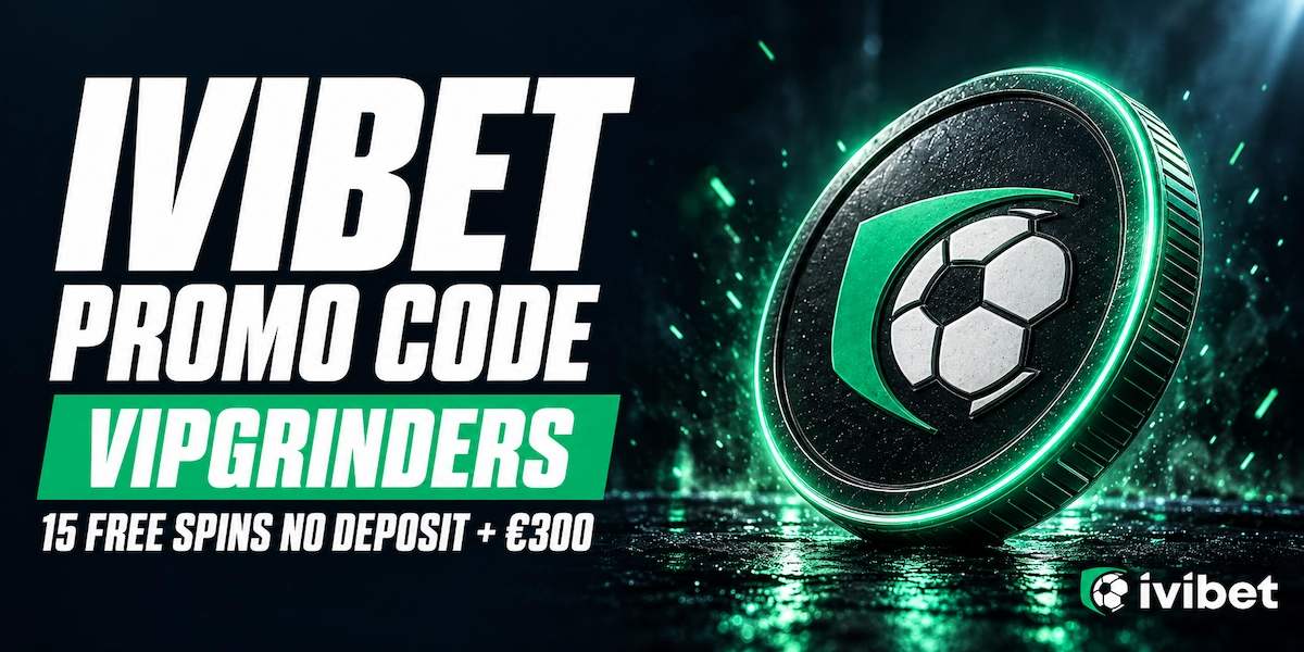 Ivibet promo code VIPGRINDERS Ivibet promo code VIPGRINDERS banner offering 15 free spins with no deposit plus a welcome bonus up to 300 euros, beside a green rimmed Ivibet coin