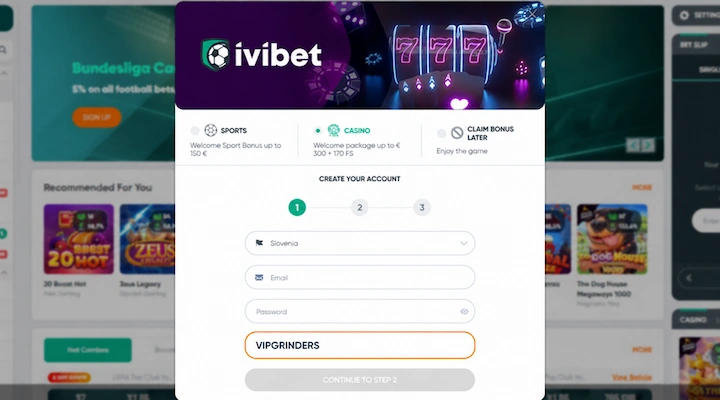 Ivibet registration form with promo code VIPGRINDERS Ivibet registration step one showing the sports, casino and claim bonus later cards across the top, with VIPGRINDERS highlighted in the promo code field below the password