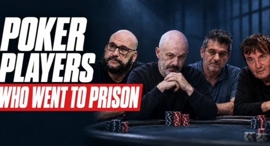 Illustration of poker players who went to prison, including Tom Goldstein, Mike Matusow, Shawn Sheikhan and Dave "Devilfish" Ulliott, seated at a dark poker table