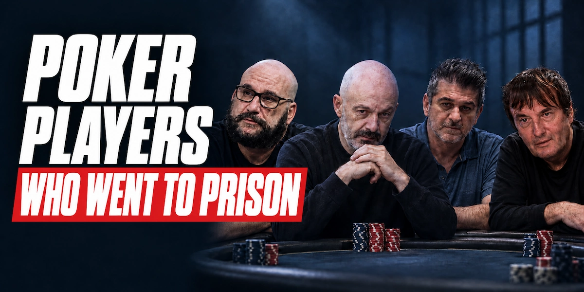 Poker Players Who Went to Prison Illustration of poker players who went to prison, including Tom Goldstein, Mike Matusow, Shawn Sheikhan and Dave "Devilfish" Ulliott, seated at a dark poker table
