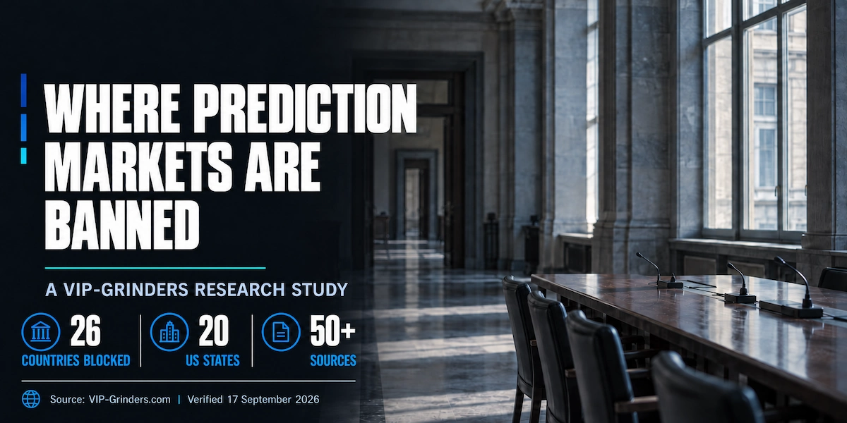 Where prediction markets are banned: VIP-Grinders research covering 26 countries and 20 US states that have acted against Polymarket and Kalshi