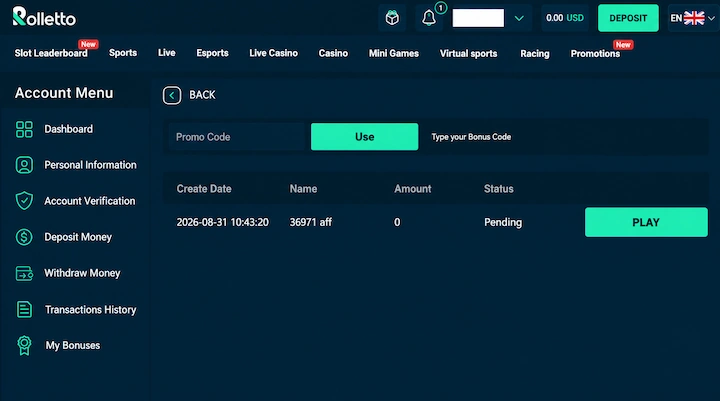 Rolletto account Promo Code box Rolletto Account Menu showing a Promo Code box with a Use button and a pending entry created on 31 August 2026 with an amount of 0, on a 0.00 USD balance