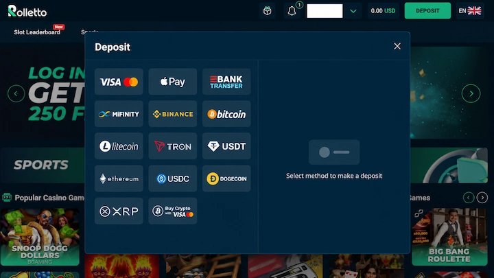Rolletto deposit methods Rolletto cashier showing Visa and Mastercard, Apple Pay, bank transfer, MiFinity, Binance, Buy Crypto with Visa and eight cryptocurrencies including Bitcoin, Ethereum and USDT