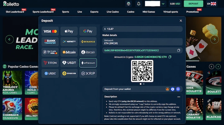 Rolletto Ethereum deposit Rolletto Ethereum deposit screen with 13.07 dollars entered, the ETH ERC20 network selected and 0.005261246343843782 ETH quoted, with notes on the network and the exchange rate