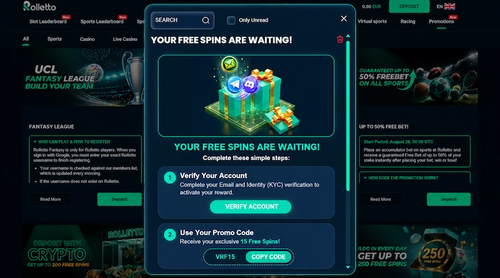 Rolletto no deposit bonus code VRF15 Rolletto inbox message titled Your Free Spins Are Waiting, asking for email and identity verification and offering 15 free spins with the code VRF15