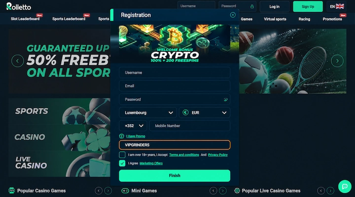 Rolletto signup form with promo code VIPGRINDERS Rolletto registration form with Luxembourg and EUR selected and VIPGRINDERS entered in the promo field, with the Marketing Offers box already ticked