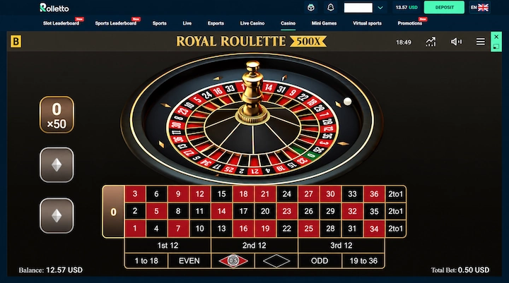 Royal Roulette 500x at Rolletto Royal Roulette 500x at Rolletto with a 0.50 USD bet on red, played on a funded test account