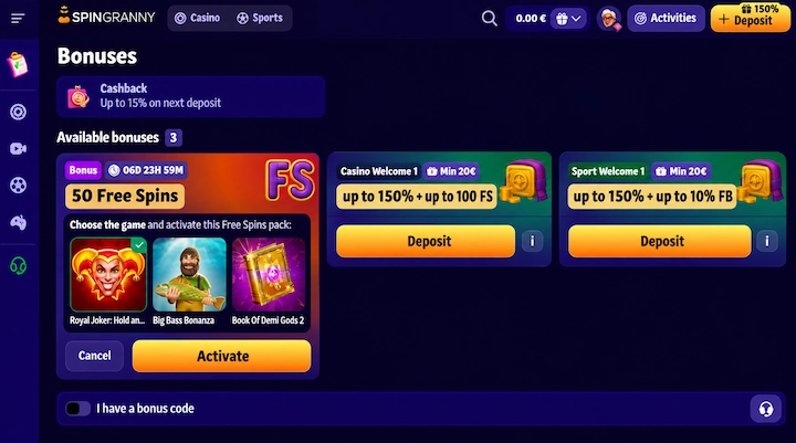 SpinGranny Bonuses tab showing 50 free spins with a six day countdown, three game tiles and an Activate button, on a zero euro balance