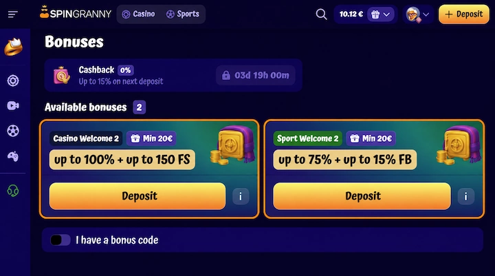 SpinGranny Bonuses page listing only Casino Welcome 2 and Sport Welcome 2 after a first deposit under the 20 euro minimum