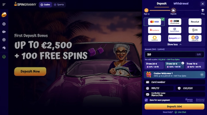 SpinGranny cashier showing a 50 euro deposit returning 112.50 euros and 100 free spins, with tiers from 20, 40 and 70 euros