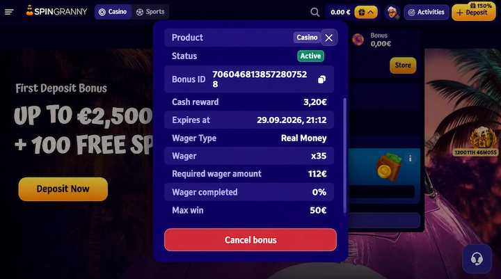 SpinGranny bonus panel showing a cash reward of 3.20 euros, wager type Real Money, 35x wagering, a required wager amount of 112 euros and a maximum win of 50 euros