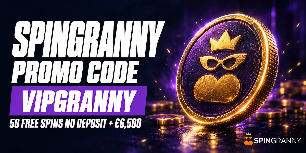 SpinGranny promo code VIPGRANNY banner offering 50 free spins with no deposit plus a welcome package worth up to 6,500 euros