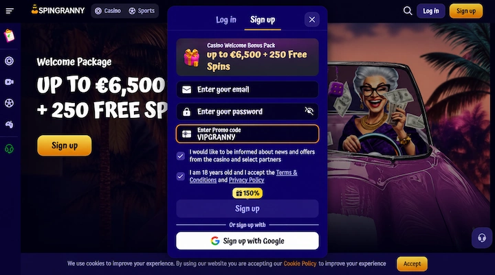 SpinGranny signup form with the promo code VIPGRANNY entered in the Enter Promo code field, beside the welcome pack of up to 6,500 euros and 250 free spins