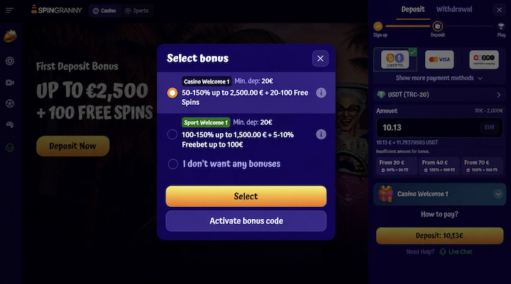 SpinGranny Select bonus window offering Casino Welcome 1 or Sport Welcome 1 with a 20 euro minimum deposit, beside a cashier reading insufficient amount for bonus at 10.13 euros