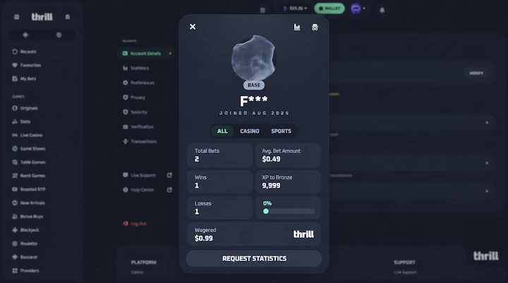 Thrill account statistics panel on a Base tier account showing two total bets, $0.99 wagered and 9,999 XP remaining to Bronze