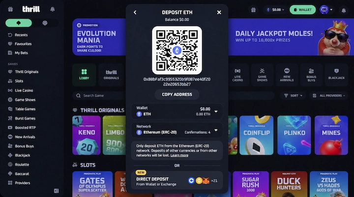 Thrill deposit ETH panel showing a QR code, copy address button, Ethereum ERC-20 network and a warning that deposits from other networks will be lost
