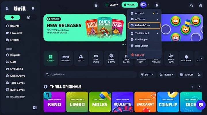 Thrill player dropdown menu open with the Referral Code entry highlighted, between Affiliates and Thrill Control