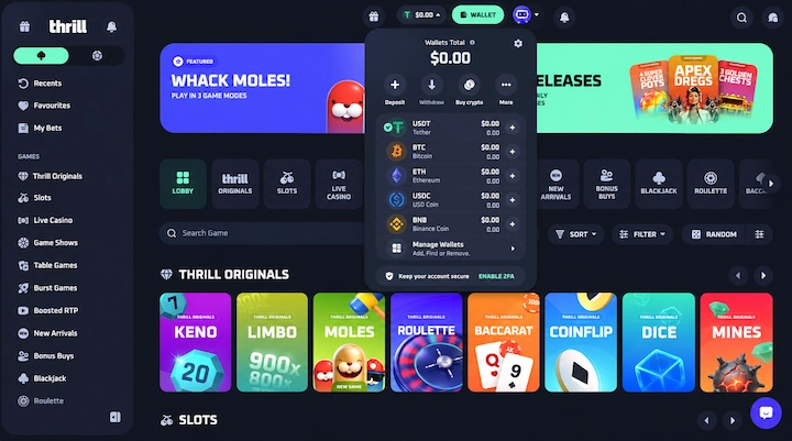 Thrill wallet panel showing Tether, Bitcoin, Ethereum, USD Coin and BNB at zero balance above a Manage Wallets button