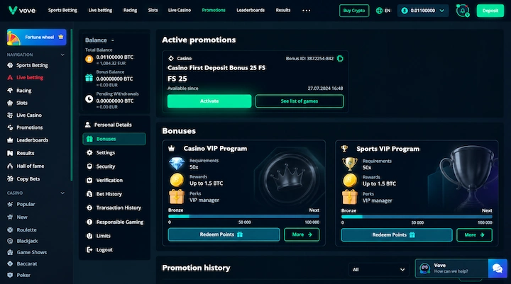 Vave active promotions free spins expiry Vave Active promotions panel showing Casino First Deposit Bonus 25 FS issued 24 July at 18:45 and expiring 27 July at 18:45 with an Activate button